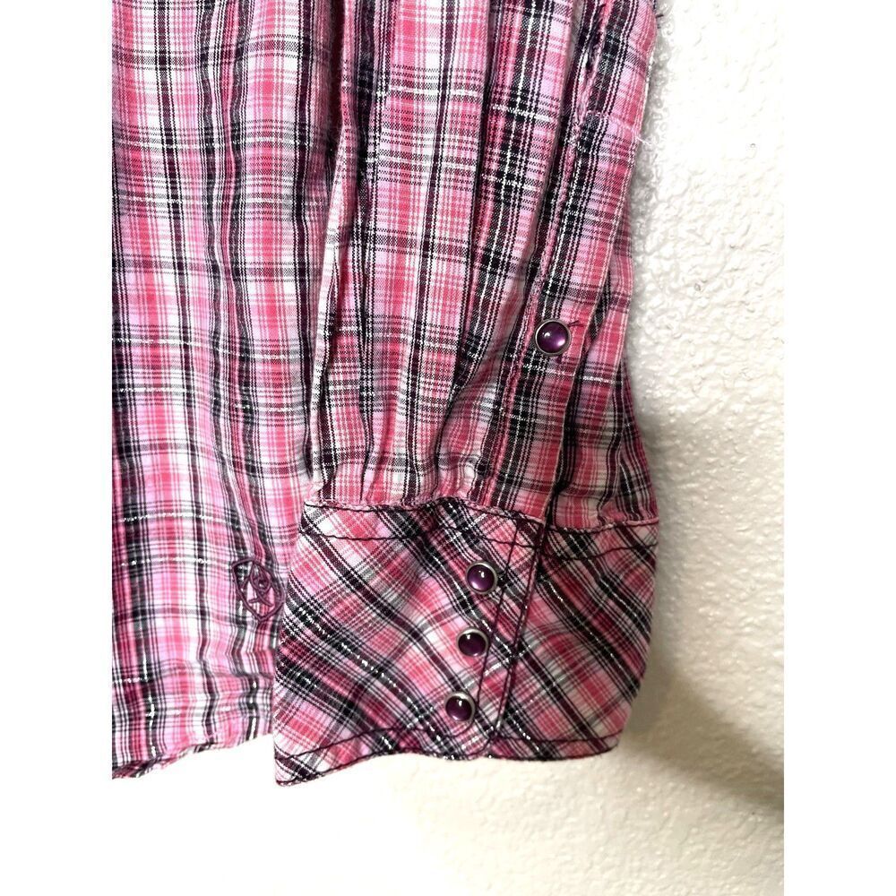 ARIAT Size M Pearl Snap Button Shirt Fitted Pink Plaid Embroidered Womens Silver - Picture 2 of 10